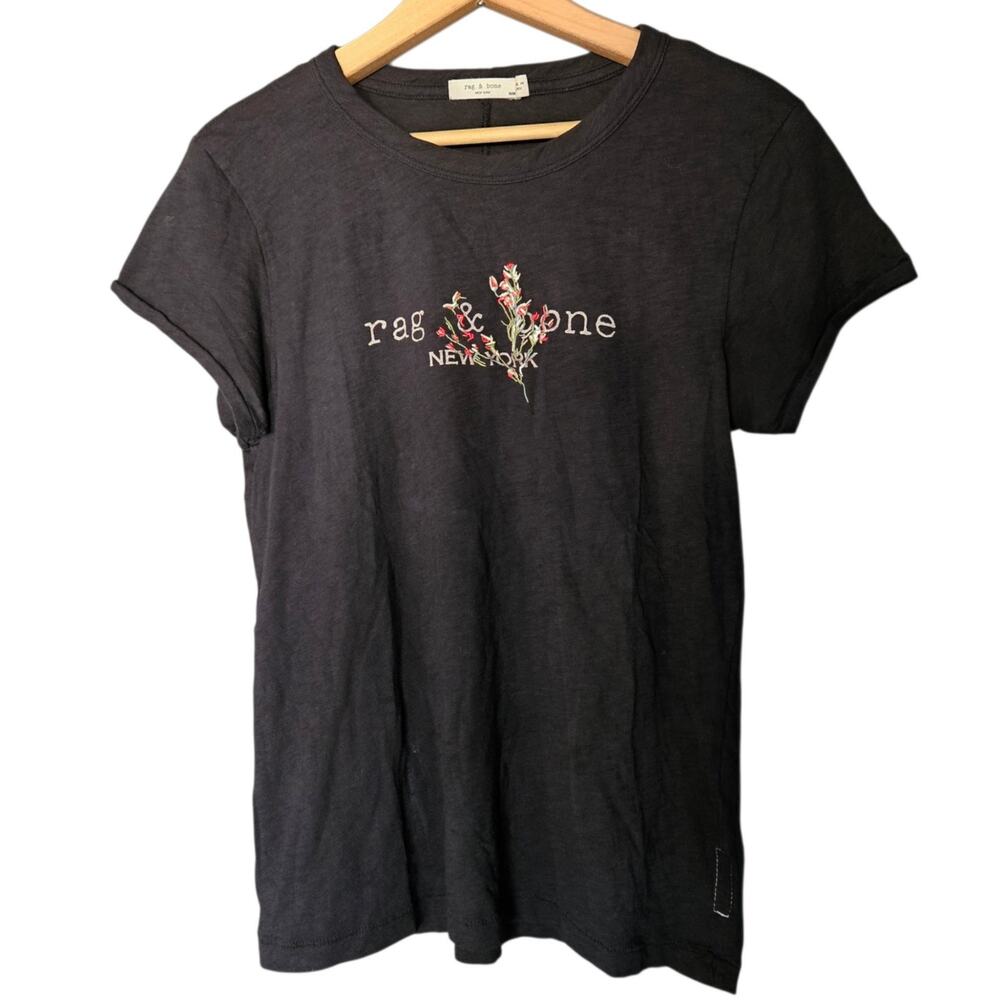 Women's Rag & Bone Black Embroidered Bouquet Logo Short Sleeve T-Shirt Medium - Picture 2 of 11